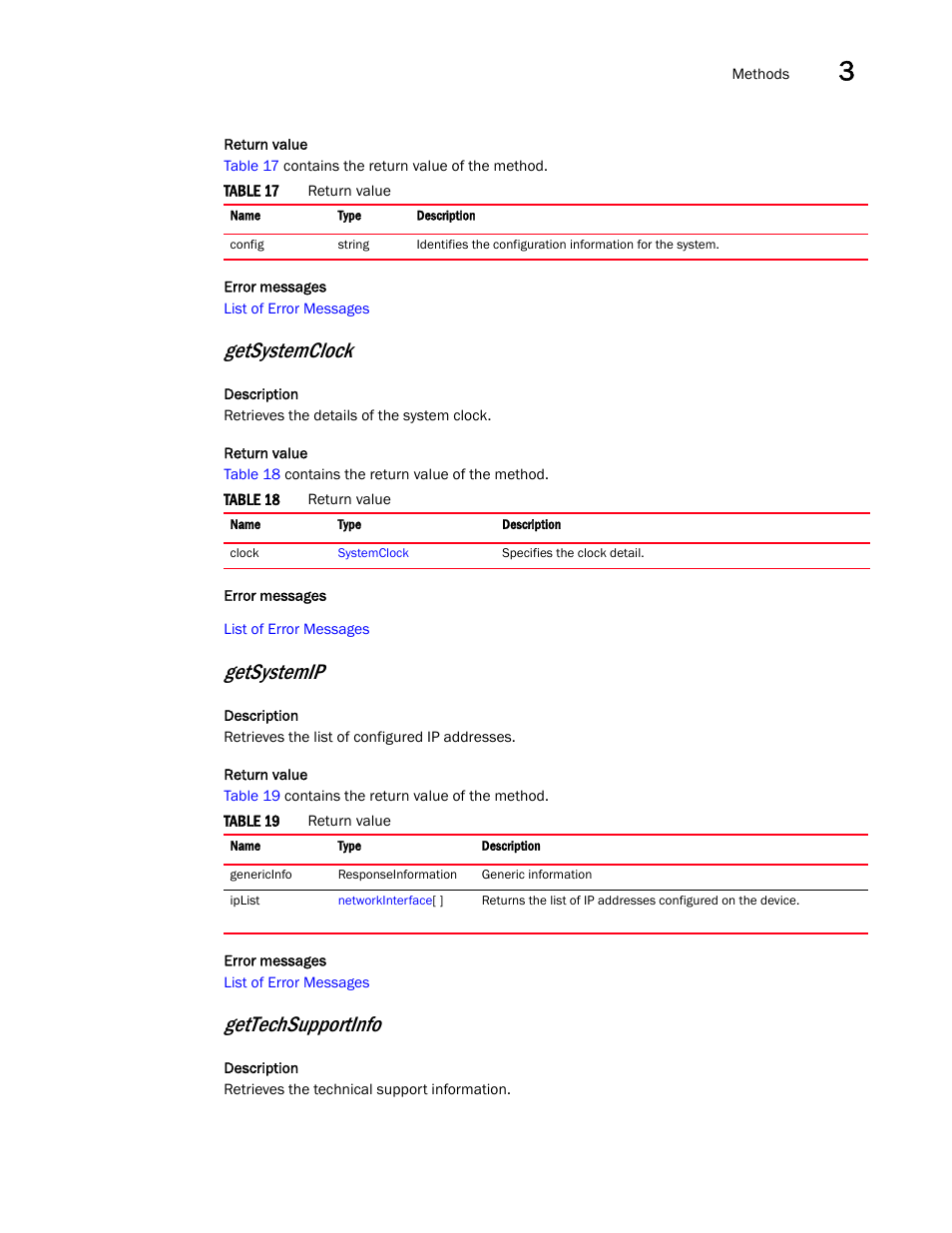 Getsystemclock, Getsystemip, Gettechsupportinfo | Brocade Virtual ADX XML API Programmer’s Guide (Supporting ADX v03.1.00) User Manual | Page 25 / 878