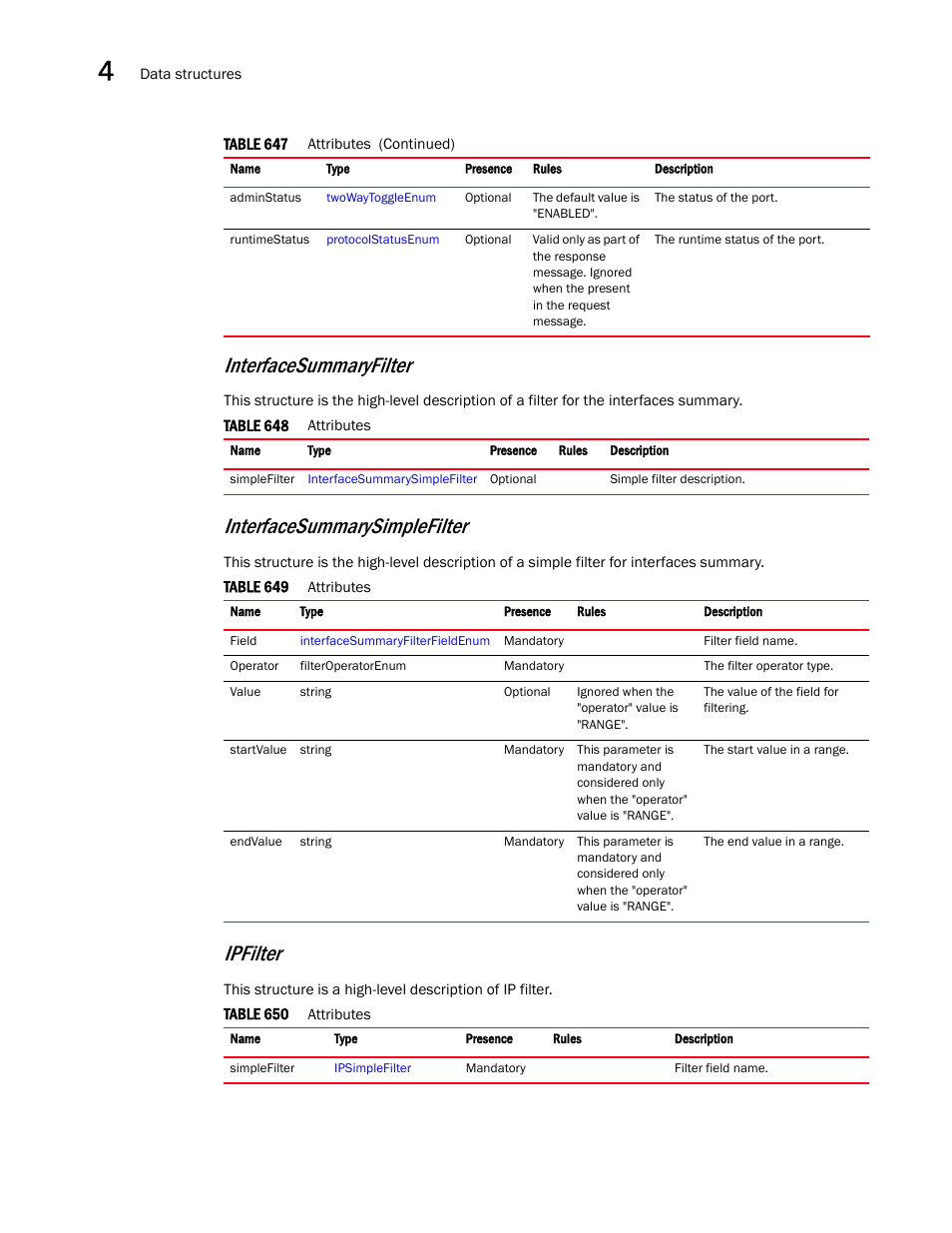 Interfacesummaryfilter, Ipfilter, Interfacesummarysimplefilter | Brocade Virtual ADX XML API Programmer’s Guide (Supporting ADX v03.1.00) User Manual | Page 272 / 878