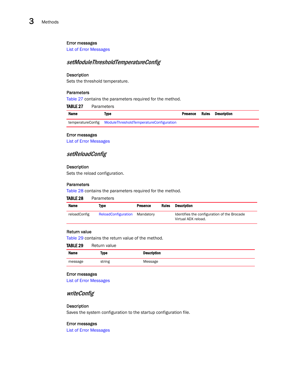 Setmodulethresholdtemperatureconfig, Setreloadconfig, Writeconfig | Brocade Virtual ADX XML API Programmer’s Guide (Supporting ADX v03.1.00) User Manual | Page 28 / 878