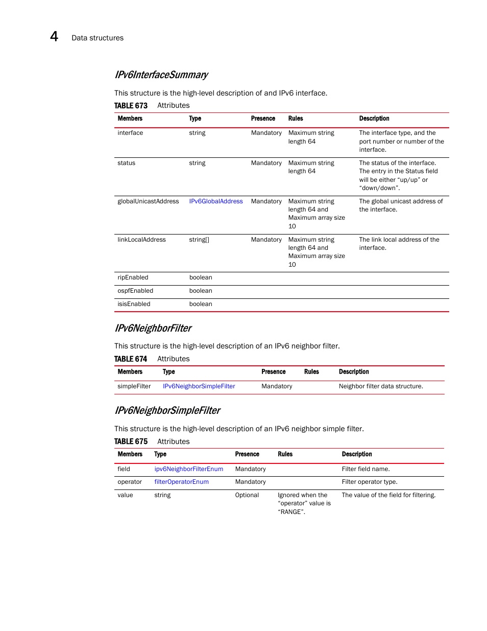 Ipv6interfacesummary, Ipv6neighborfilter, Ipv6neighborsimplefilter | Brocade Virtual ADX XML API Programmer’s Guide (Supporting ADX v03.1.00) User Manual | Page 282 / 878