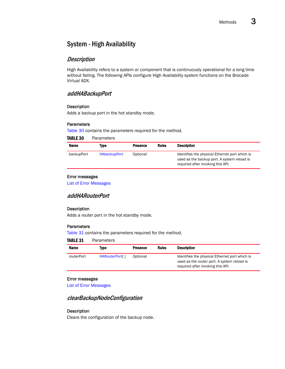 System - high availability, Description, Addhabackupport | Addharouterport, Clearbackupnodeconfiguration | Brocade Virtual ADX XML API Programmer’s Guide (Supporting ADX v03.1.00) User Manual | Page 29 / 878