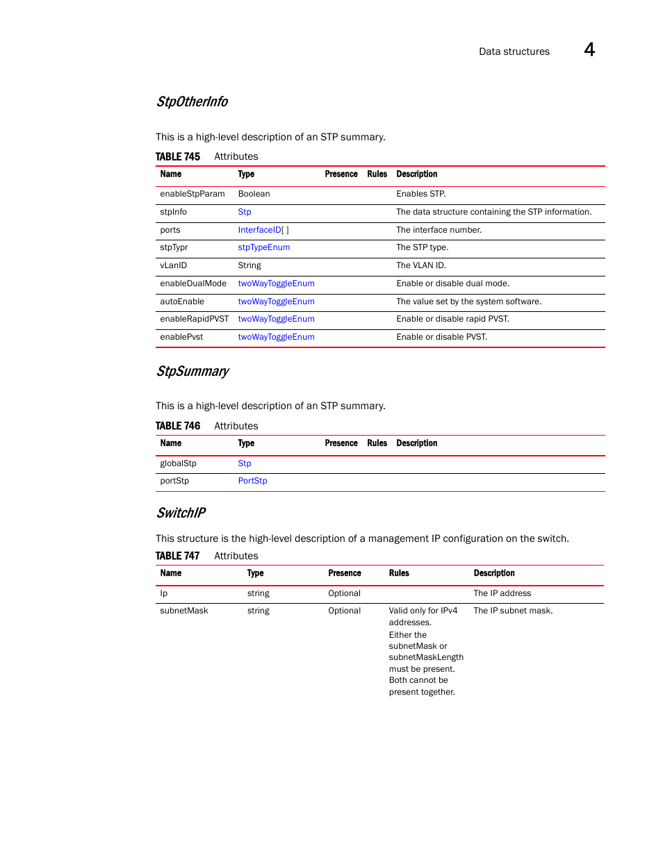 Stpotherinfo, Stpsummary, Switchip | Brocade Virtual ADX XML API Programmer’s Guide (Supporting ADX v03.1.00) User Manual | Page 315 / 878