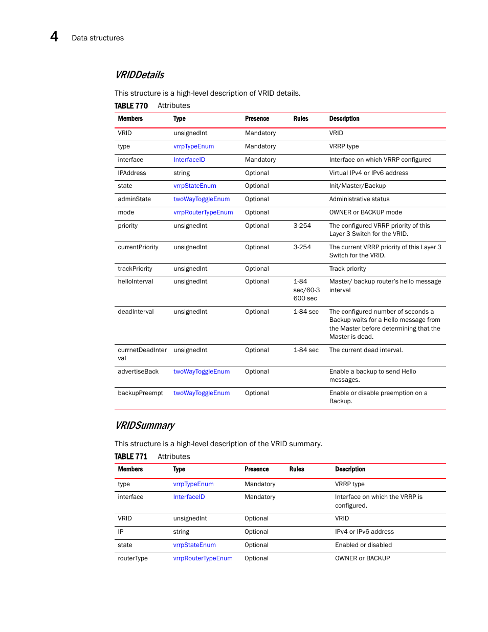 Vriddetails, Vridsummary | Brocade Virtual ADX XML API Programmer’s Guide (Supporting ADX v03.1.00) User Manual | Page 330 / 878