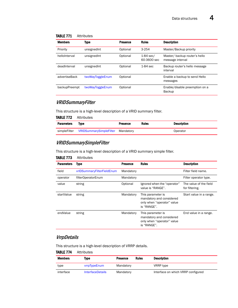 Vridsummaryfilter, Vridsummarysimplefilter, Vrrpdetails | Brocade Virtual ADX XML API Programmer’s Guide (Supporting ADX v03.1.00) User Manual | Page 331 / 878