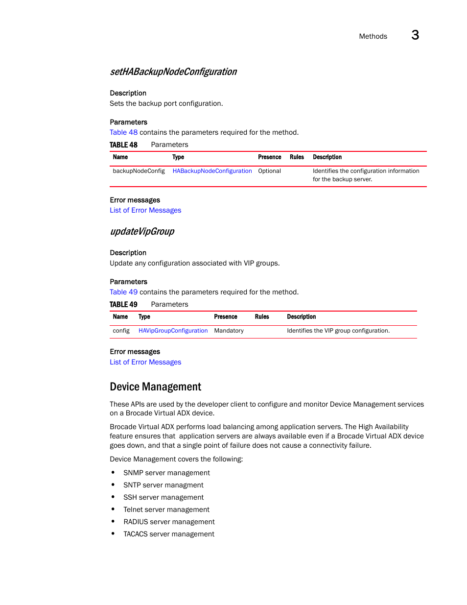 Device management, Sethabackupnodeconfiguration, Updatevipgroup | Brocade Virtual ADX XML API Programmer’s Guide (Supporting ADX v03.1.00) User Manual | Page 35 / 878