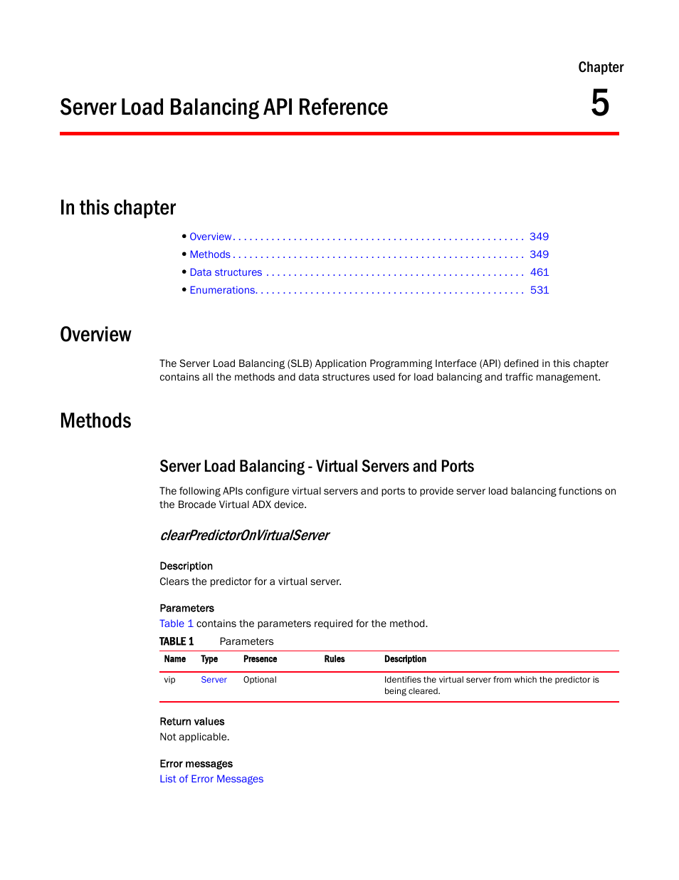 Server load balancing api reference, Overview, Methods | Server load balancing - virtual servers and ports, Chapter 5, Clearpredictoronvirtualserver | Brocade Virtual ADX XML API Programmer’s Guide (Supporting ADX v03.1.00) User Manual | Page 359 / 878