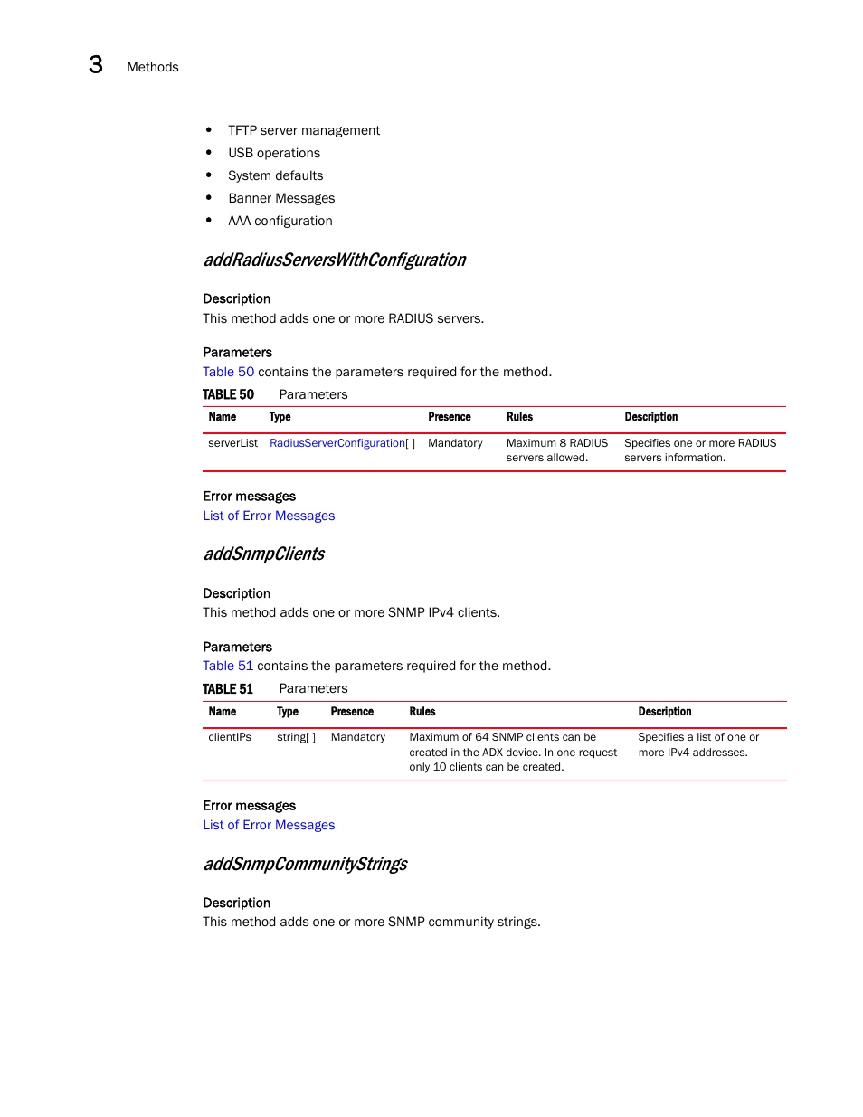 Addradiusserverswithconfiguration, Addsnmpclients, Addsnmpcommunitystrings | Brocade Virtual ADX XML API Programmer’s Guide (Supporting ADX v03.1.00) User Manual | Page 36 / 878