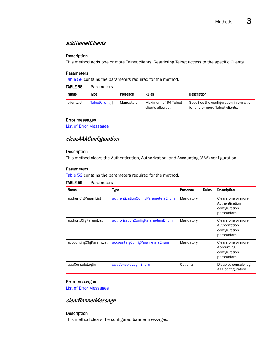 Addtelnetclients, Clearaaaconfiguration, Clearbannermessage | Brocade Virtual ADX XML API Programmer’s Guide (Supporting ADX v03.1.00) User Manual | Page 39 / 878