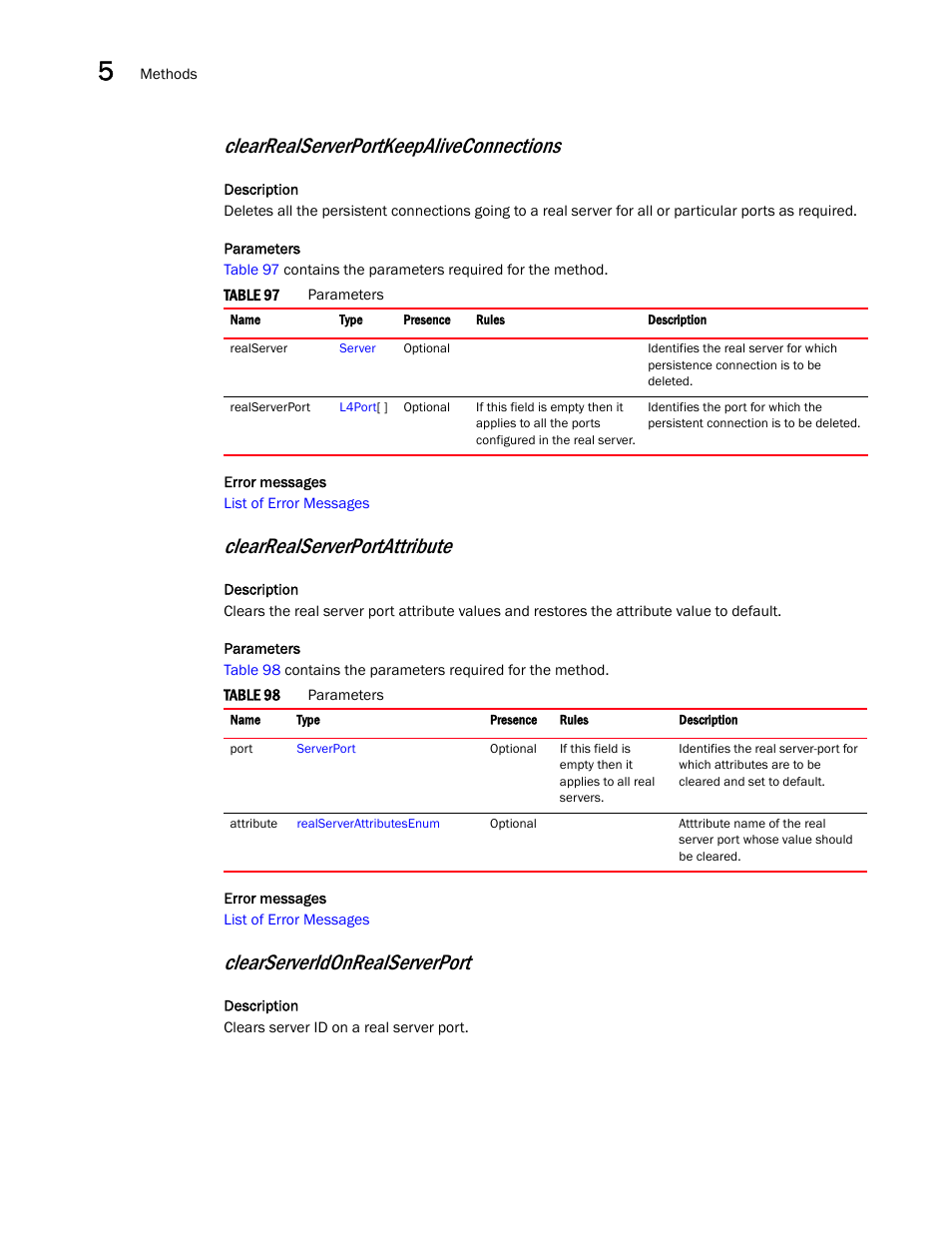 Clearrealserverportkeepaliveconnections, Clearrealserverportattribute, Clearserveridonrealserverport | Brocade Virtual ADX XML API Programmer’s Guide (Supporting ADX v03.1.00) User Manual | Page 394 / 878