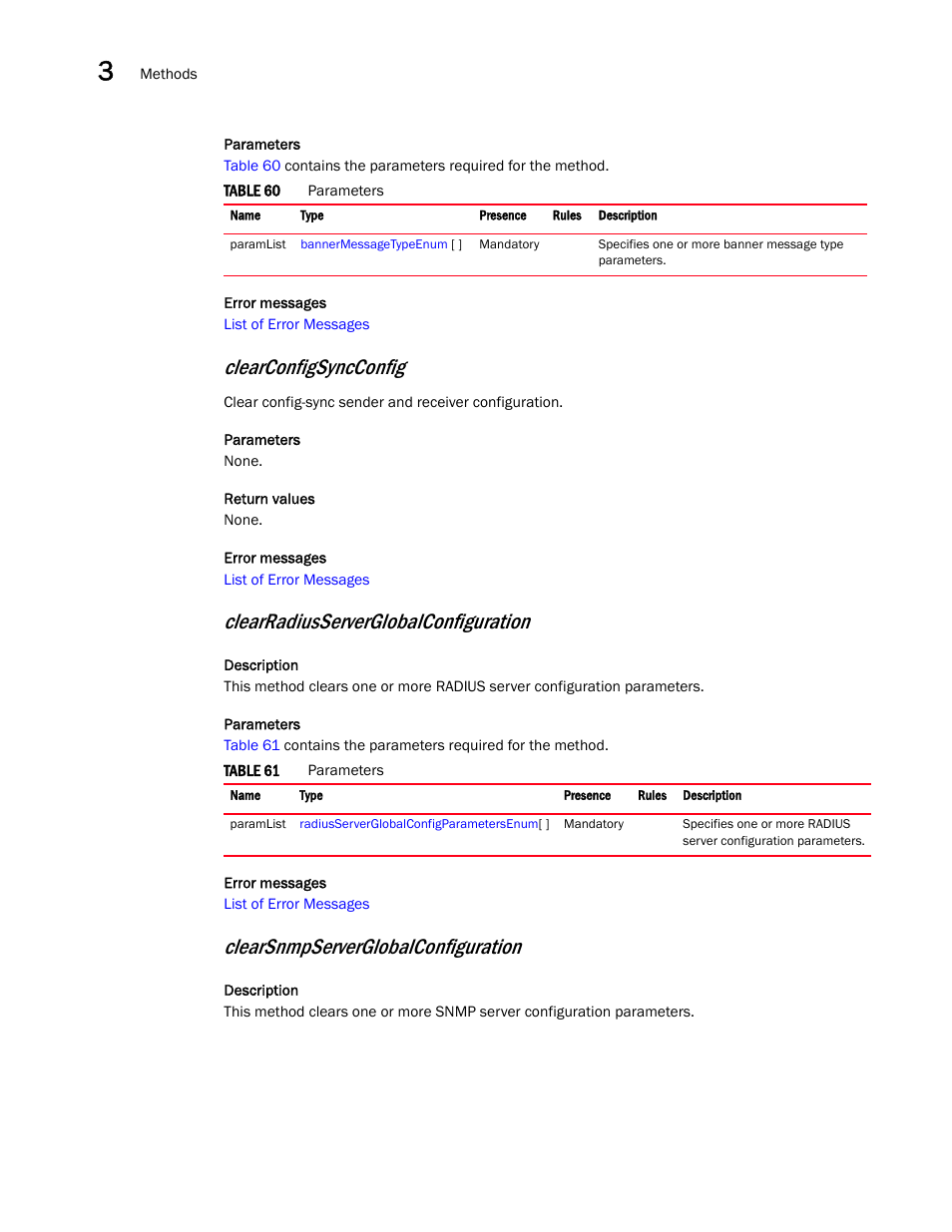 Clearconfigsyncconfig, Clearradiusserverglobalconfiguration, Clearsnmpserverglobalconfiguration | Brocade Virtual ADX XML API Programmer’s Guide (Supporting ADX v03.1.00) User Manual | Page 40 / 878