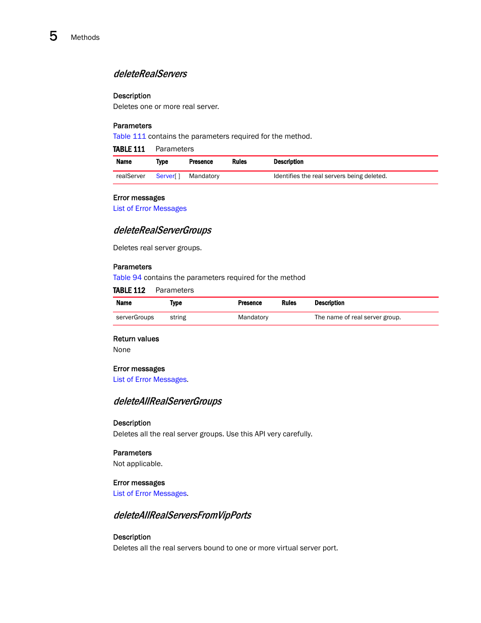 Deleterealservers, Deleterealservergroups, Deleteallrealservergroups | Deleteallrealserversfromvipports | Brocade Virtual ADX XML API Programmer’s Guide (Supporting ADX v03.1.00) User Manual | Page 400 / 878