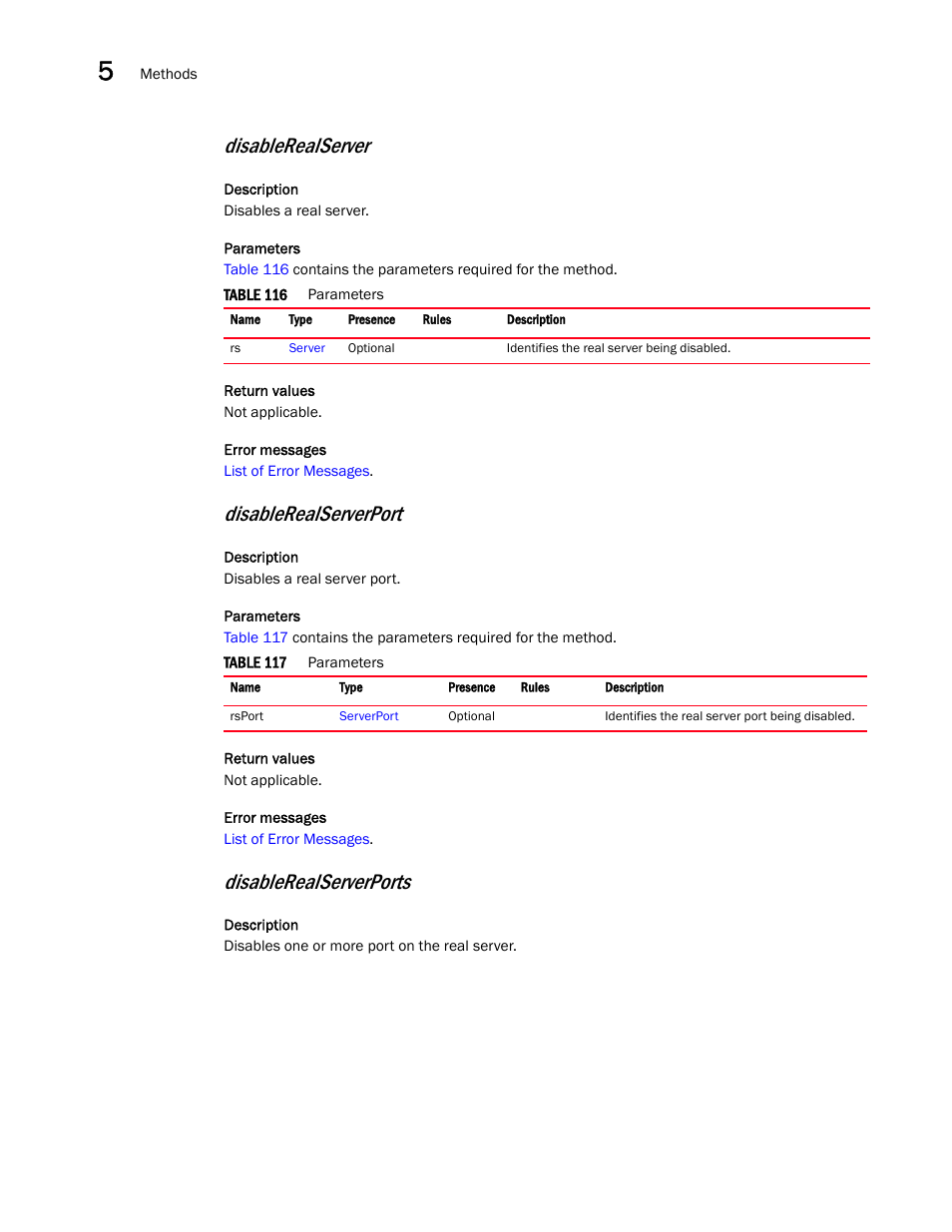 Disablerealserver, Disablerealserverport, Disablerealserverports | Brocade Virtual ADX XML API Programmer’s Guide (Supporting ADX v03.1.00) User Manual | Page 402 / 878