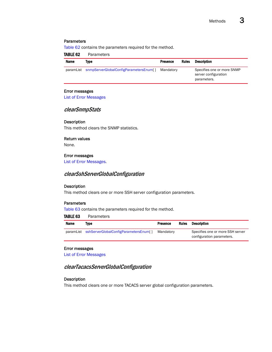 Clearsnmpstats, Clearsshserverglobalconfiguration, Cleartacacsserverglobalconfiguration | Brocade Virtual ADX XML API Programmer’s Guide (Supporting ADX v03.1.00) User Manual | Page 41 / 878
