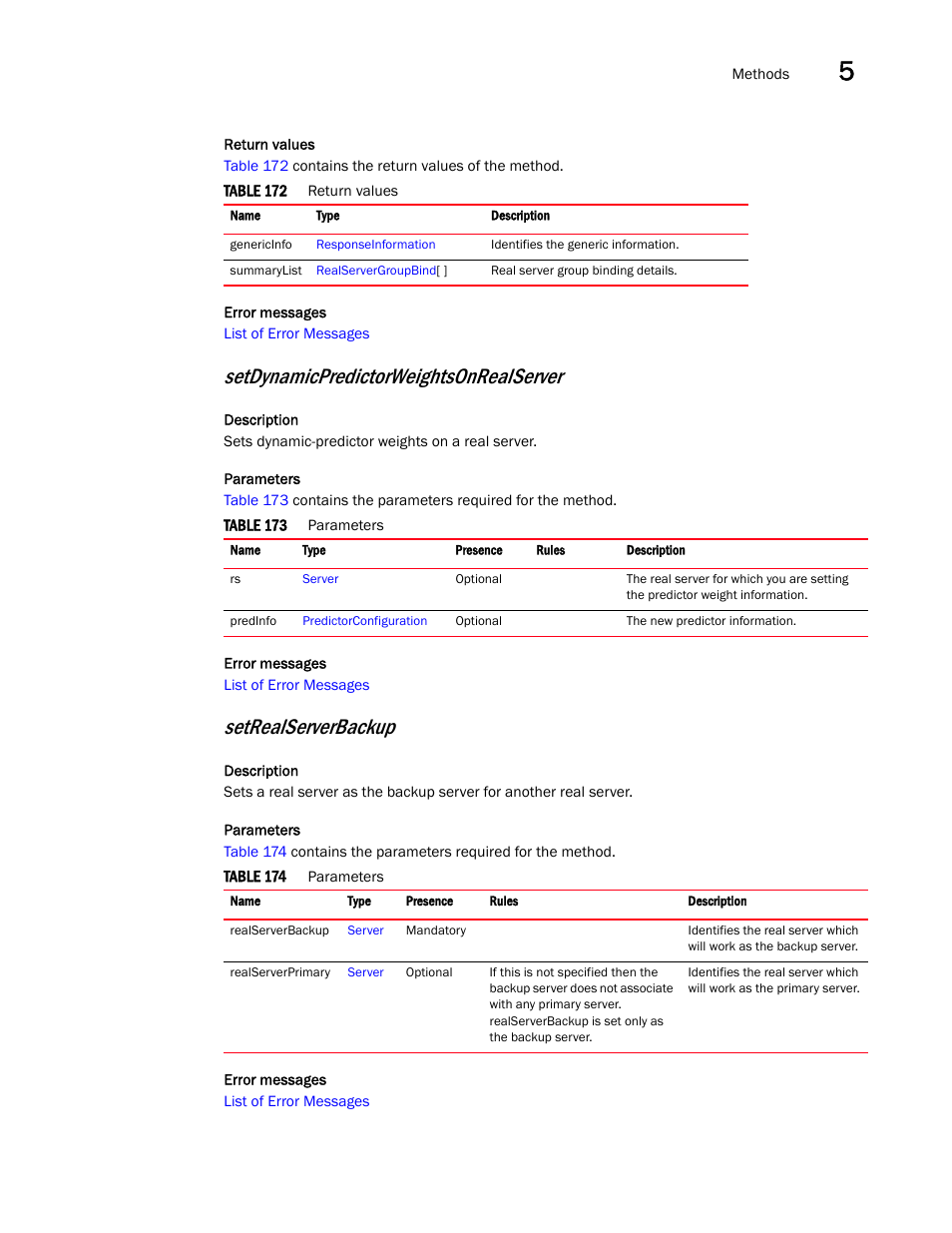 Setdynamicpredictorweightsonrealserver, Setrealserverbackup | Brocade Virtual ADX XML API Programmer’s Guide (Supporting ADX v03.1.00) User Manual | Page 421 / 878