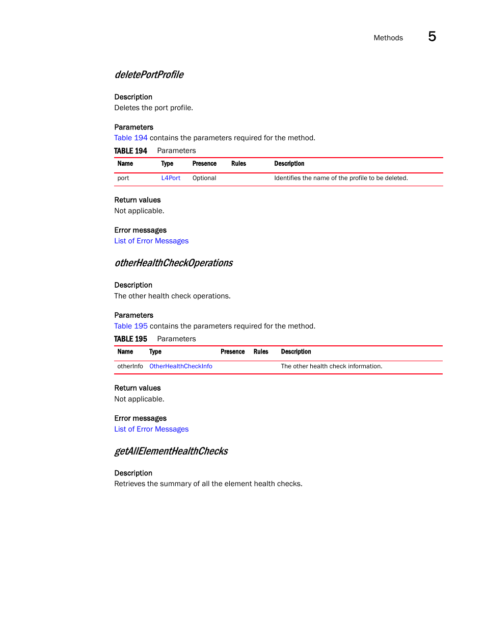 Deleteportprofile, Otherhealthcheckoperations, Getallelementhealthchecks | Brocade Virtual ADX XML API Programmer’s Guide (Supporting ADX v03.1.00) User Manual | Page 429 / 878