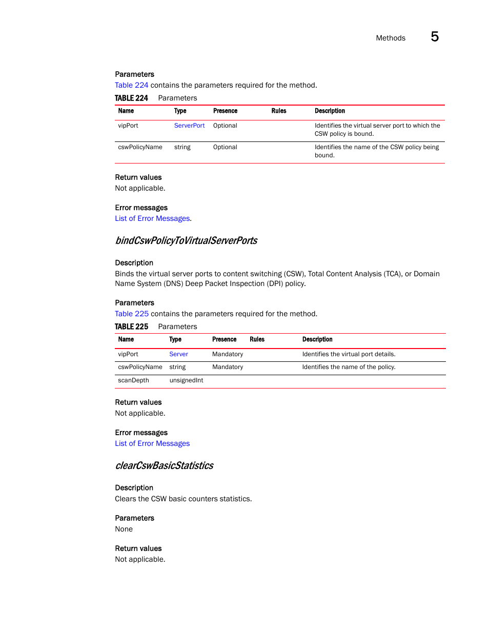 Bindcswpolicytovirtualserverports, Clearcswbasicstatistics | Brocade Virtual ADX XML API Programmer’s Guide (Supporting ADX v03.1.00) User Manual | Page 439 / 878