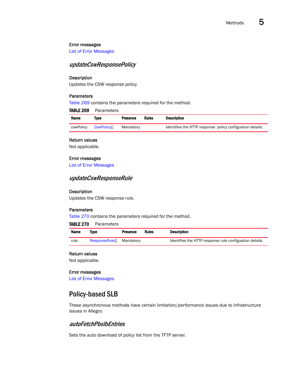 Policy-based slb, Updatecswresponsepolicy, Updatecswresponserule | Autofetchpbslbentries | Brocade Virtual ADX XML API Programmer’s Guide (Supporting ADX v03.1.00) User Manual | Page 455 / 878