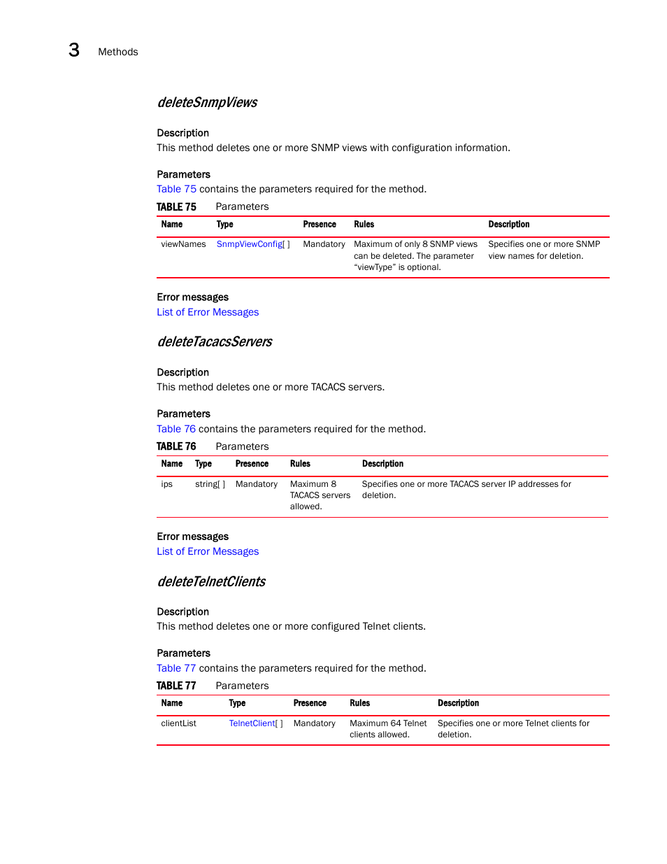 Deletesnmpviews, Deletetacacsservers, Deletetelnetclients | Brocade Virtual ADX XML API Programmer’s Guide (Supporting ADX v03.1.00) User Manual | Page 46 / 878