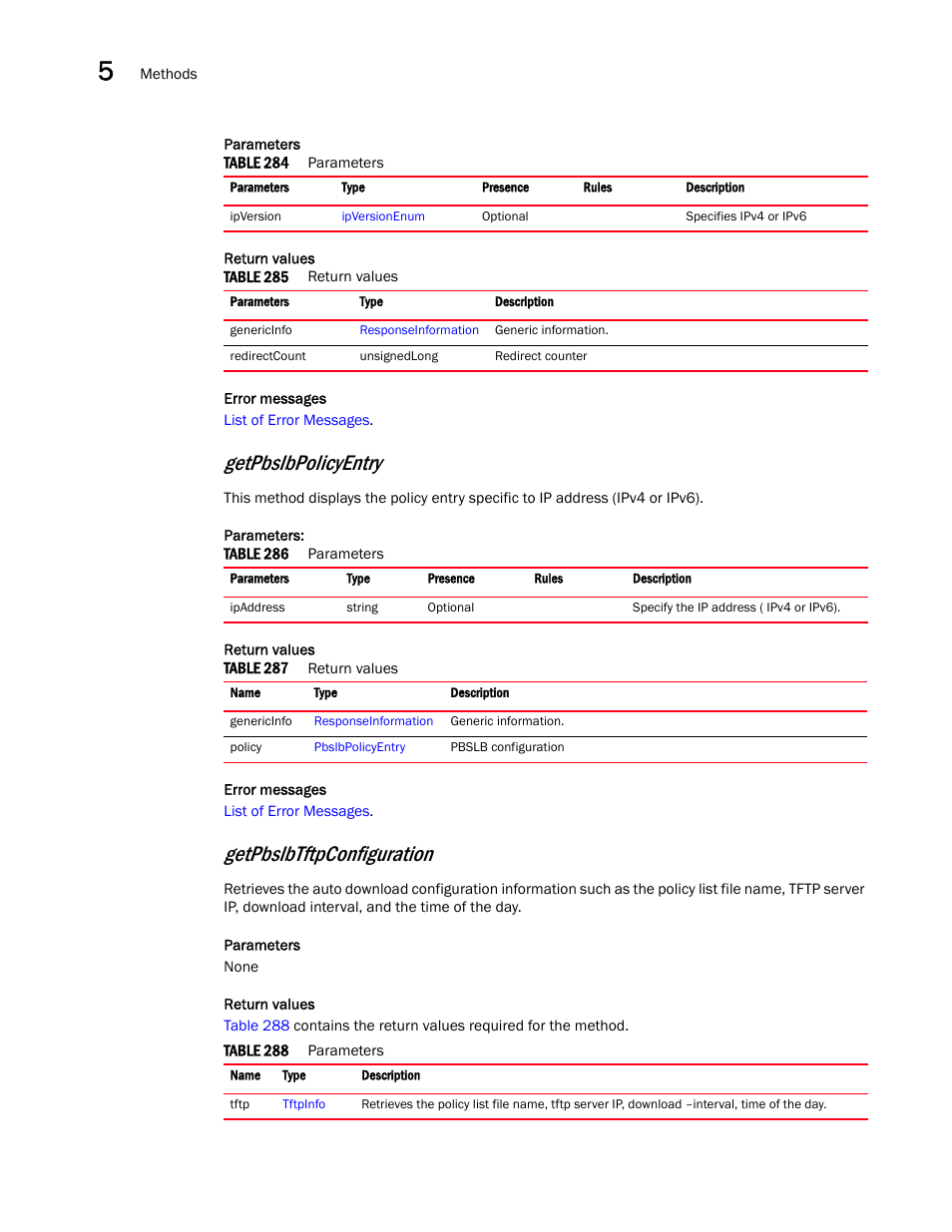 Getpbslbpolicyentry, Getpbslbtftpconfiguration | Brocade Virtual ADX XML API Programmer’s Guide (Supporting ADX v03.1.00) User Manual | Page 460 / 878