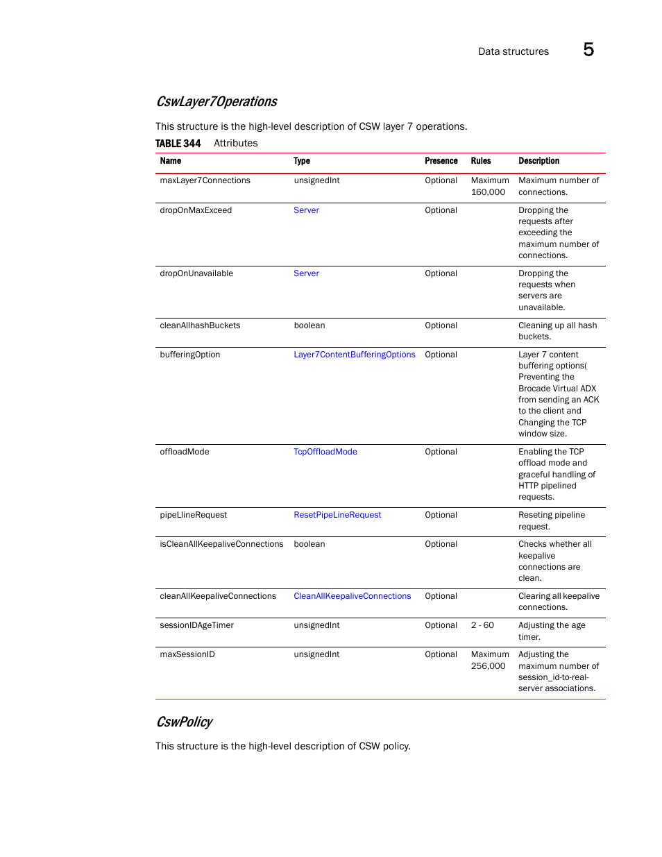 Cswpolicy, Cswlayer7operations | Brocade Virtual ADX XML API Programmer’s Guide (Supporting ADX v03.1.00) User Manual | Page 479 / 878