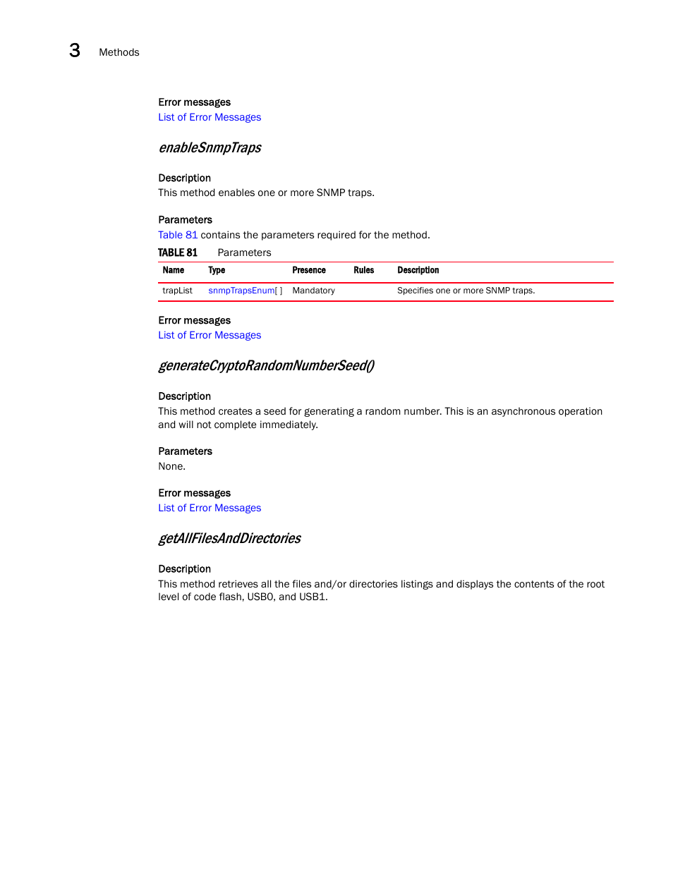 Enablesnmptraps, Generatecryptorandomnumberseed(), Getallfilesanddirectories | Brocade Virtual ADX XML API Programmer’s Guide (Supporting ADX v03.1.00) User Manual | Page 48 / 878