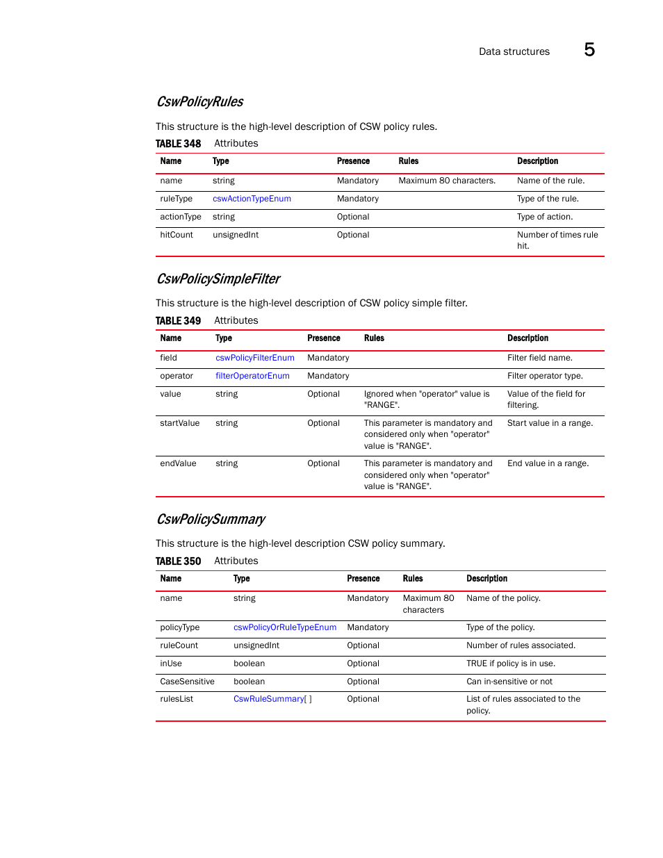 Cswpolicysummary, Cswpolicysimplefilter, Cswpolicyrules | Brocade Virtual ADX XML API Programmer’s Guide (Supporting ADX v03.1.00) User Manual | Page 481 / 878