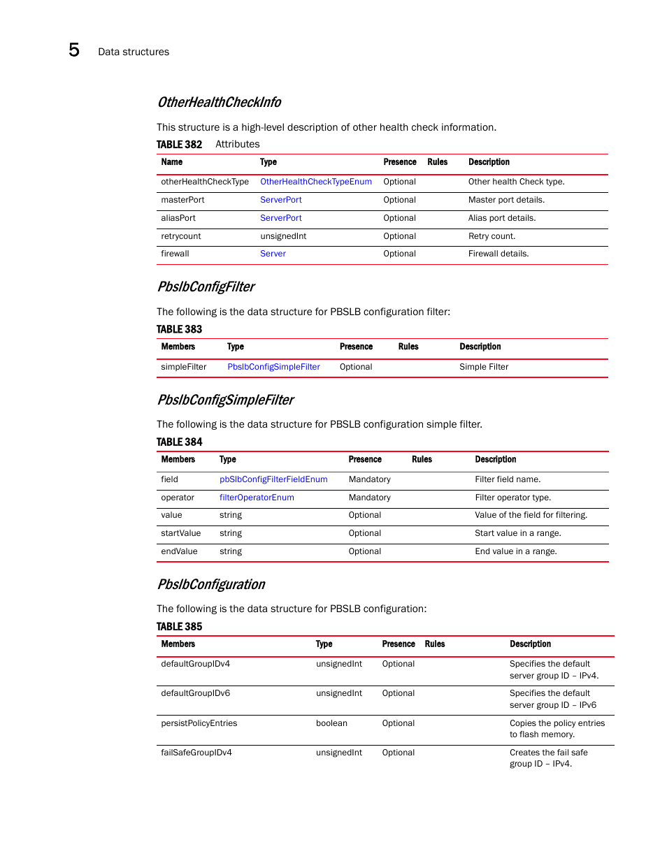 Otherhealthcheckinfo, Pbslbconfiguration, Pbslbconfigfilter | Pbslbconfigsimplefilter | Brocade Virtual ADX XML API Programmer’s Guide (Supporting ADX v03.1.00) User Manual | Page 492 / 878