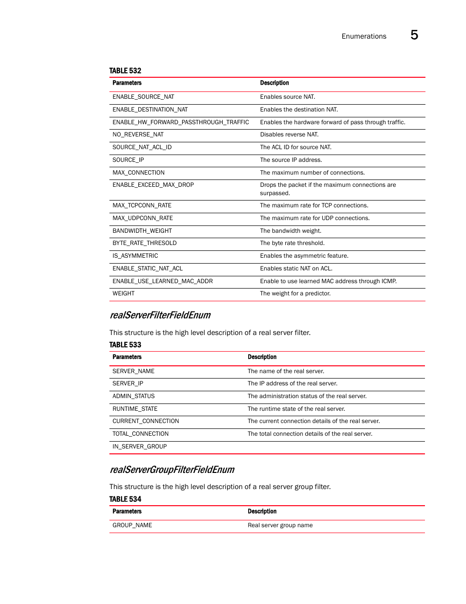 Realserverfilterfieldenum, Realservergroupfilterfieldenum | Brocade Virtual ADX XML API Programmer’s Guide (Supporting ADX v03.1.00) User Manual | Page 555 / 878