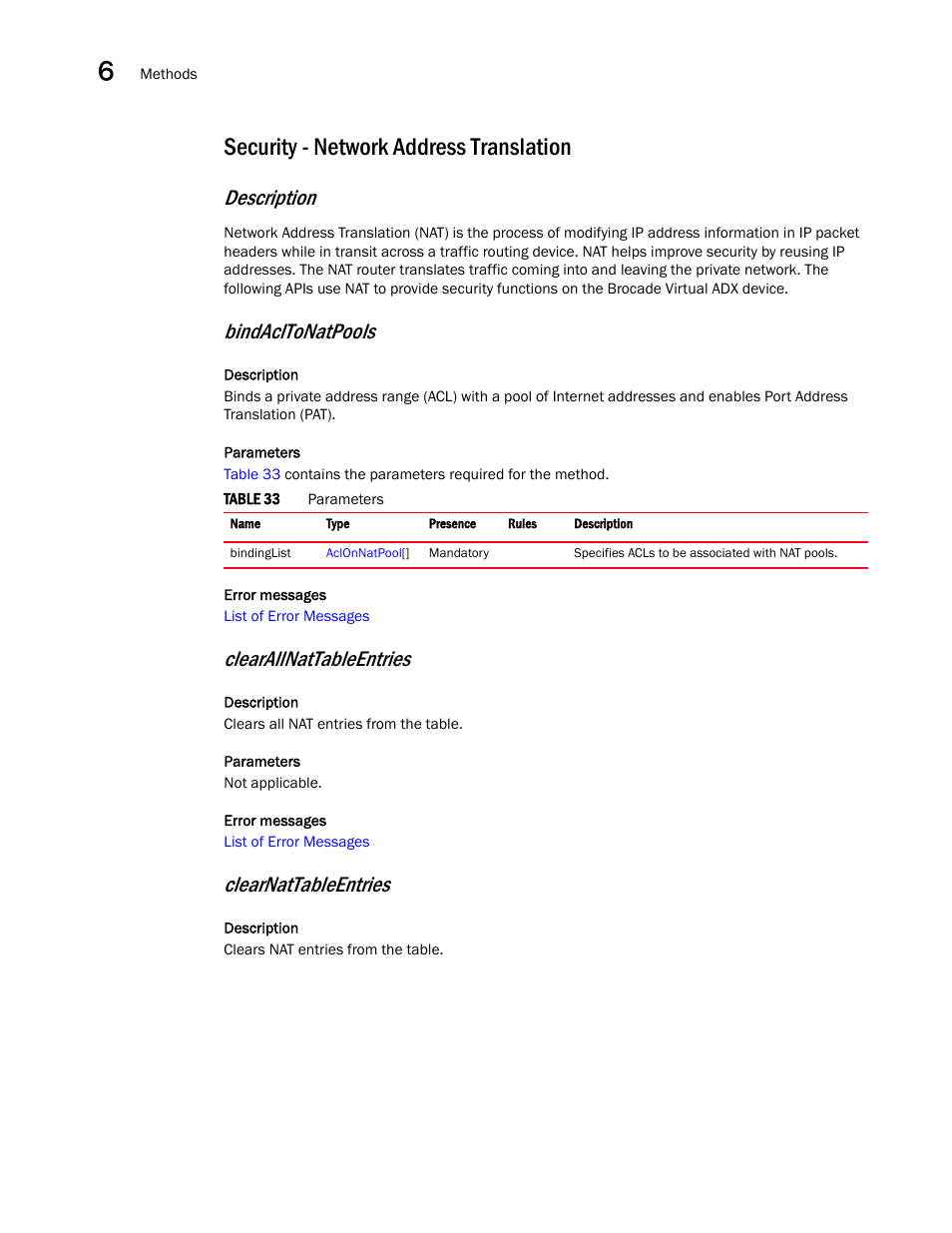 Security - network address translation, Description, Bindacltonatpools | Clearallnattableentries, Clearnattableentries | Brocade Virtual ADX XML API Programmer’s Guide (Supporting ADX v03.1.00) User Manual | Page 580 / 878