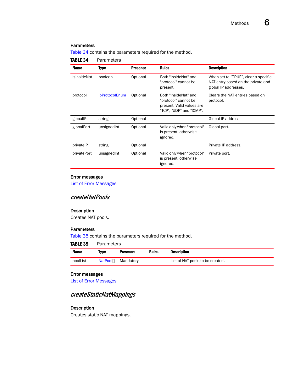 Createnatpools, Createstaticnatmappings | Brocade Virtual ADX XML API Programmer’s Guide (Supporting ADX v03.1.00) User Manual | Page 581 / 878