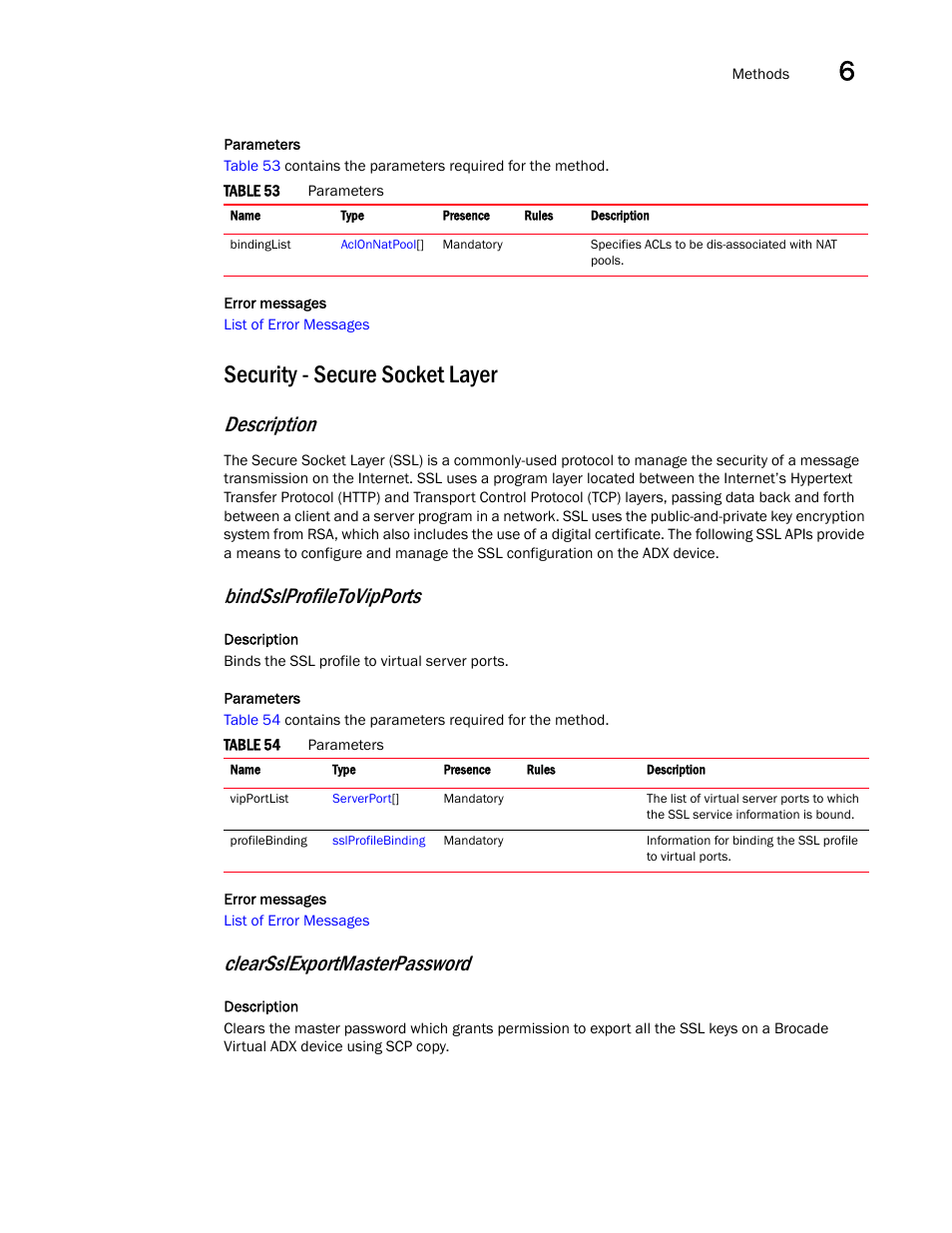 Security - secure socket layer, Description, Bindsslprofiletovipports | Clearsslexportmasterpassword | Brocade Virtual ADX XML API Programmer’s Guide (Supporting ADX v03.1.00) User Manual | Page 587 / 878