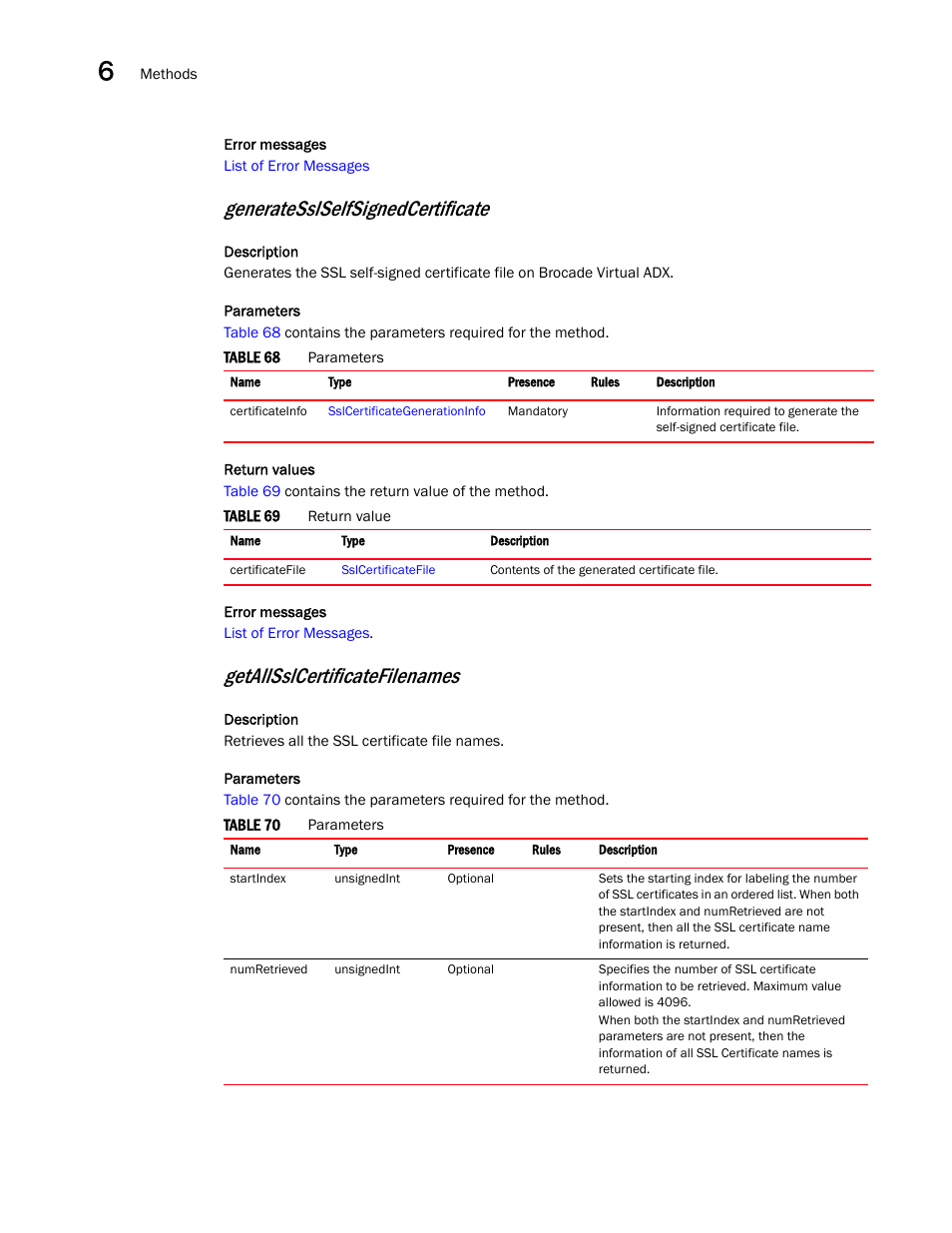 Generatesslselfsignedcertificate, Getallsslcertificatefilenames | Brocade Virtual ADX XML API Programmer’s Guide (Supporting ADX v03.1.00) User Manual | Page 592 / 878