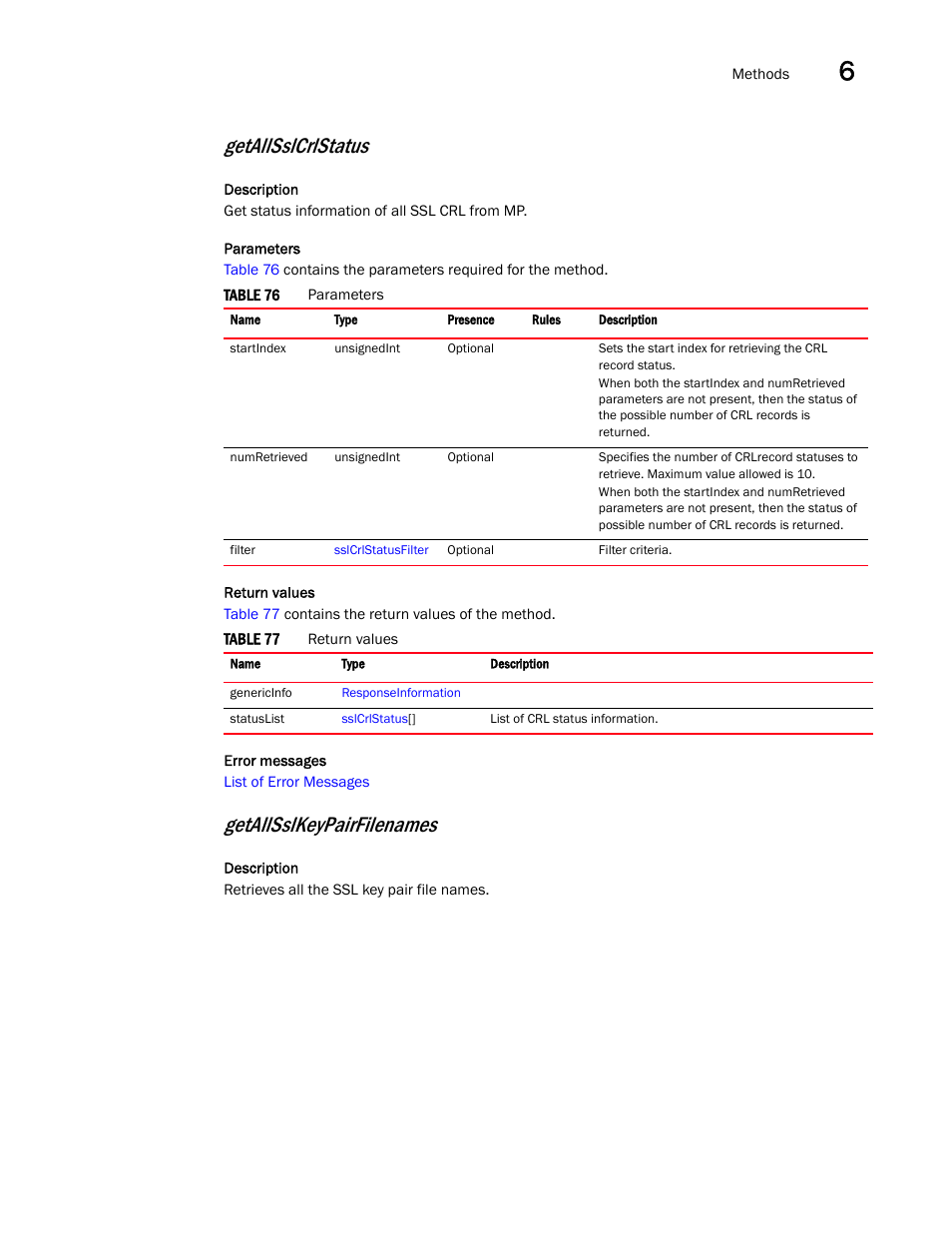 Getallsslcrlstatus, Getallsslkeypairfilenames | Brocade Virtual ADX XML API Programmer’s Guide (Supporting ADX v03.1.00) User Manual | Page 595 / 878