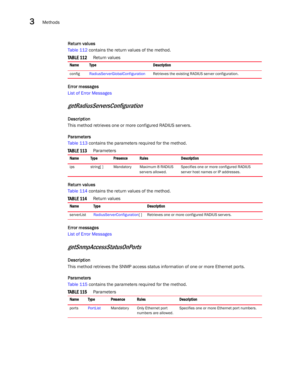 Getradiusserversconfiguration, Getsnmpaccessstatusonports | Brocade Virtual ADX XML API Programmer’s Guide (Supporting ADX v03.1.00) User Manual | Page 60 / 878