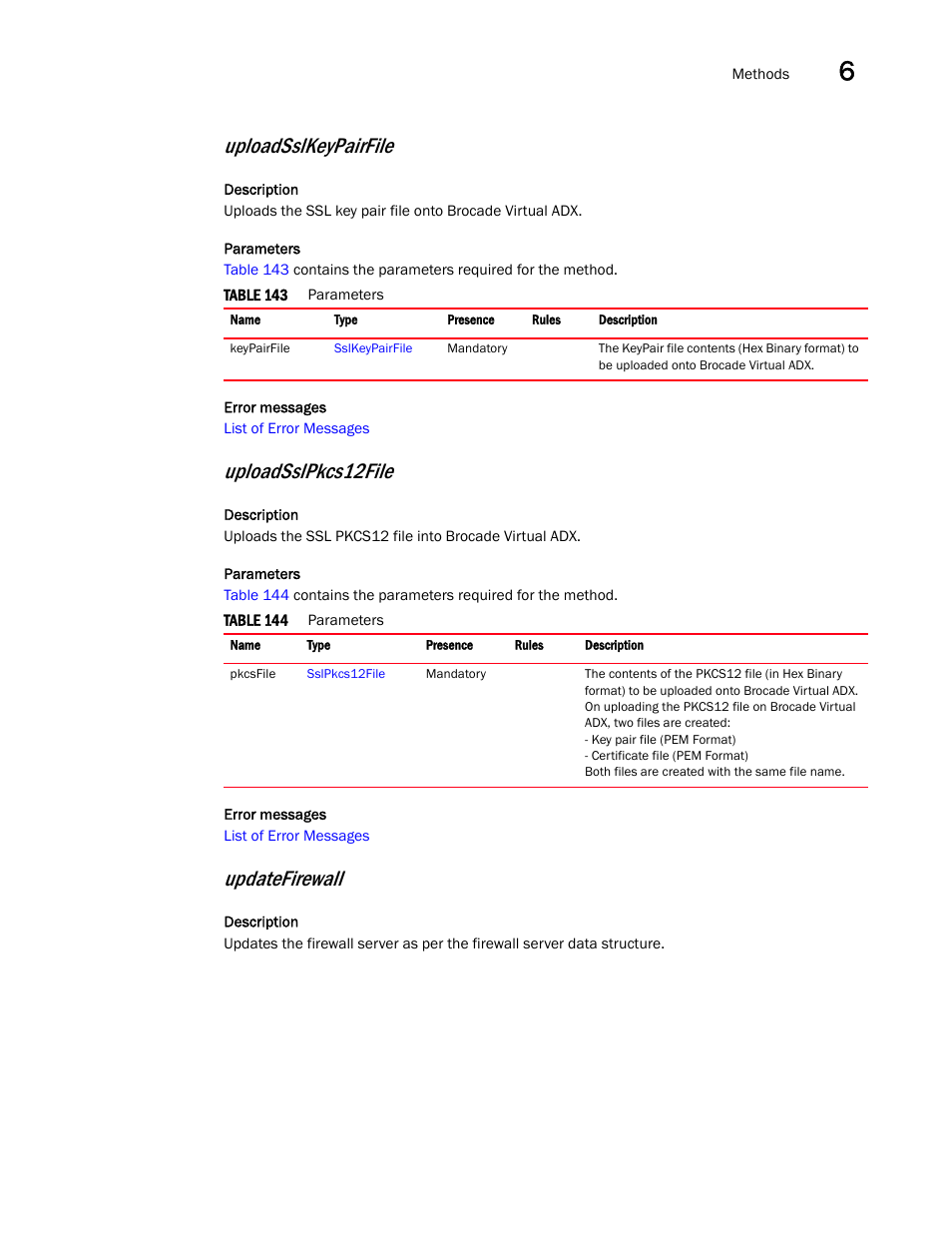 Uploadsslkeypairfile, Uploadsslpkcs12file, Updatefirewall | Brocade Virtual ADX XML API Programmer’s Guide (Supporting ADX v03.1.00) User Manual | Page 617 / 878