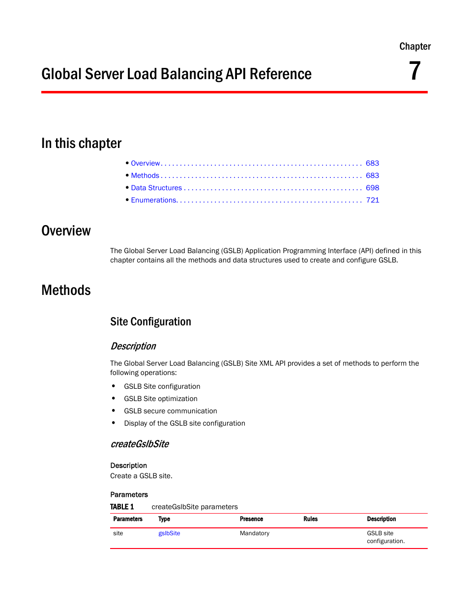Global server load balancing api reference, Overview, Methods | Site configuration, Chapter 7, Description, Creategslbsite | Brocade Virtual ADX XML API Programmer’s Guide (Supporting ADX v03.1.00) User Manual | Page 693 / 878