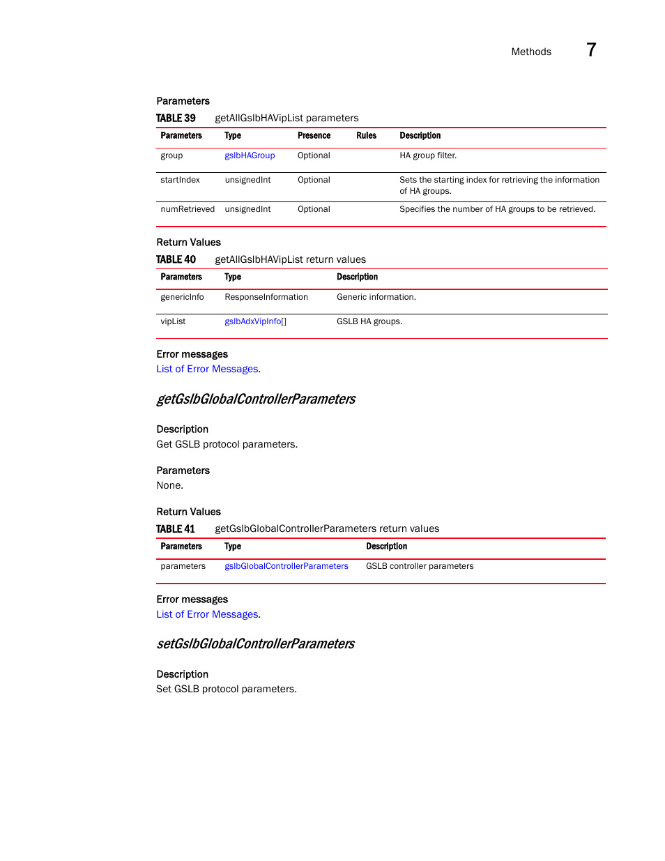Getgslbglobalcontrollerparameters, Setgslbglobalcontrollerparameters | Brocade Virtual ADX XML API Programmer’s Guide (Supporting ADX v03.1.00) User Manual | Page 707 / 878