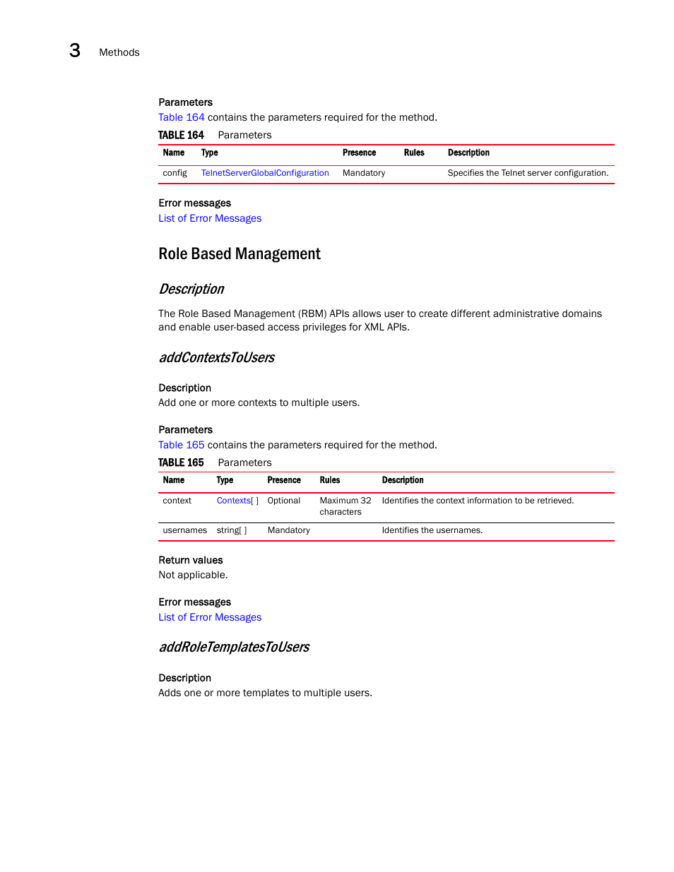 Role based management, Description, Addcontextstousers | Addroletemplatestousers | Brocade Virtual ADX XML API Programmer’s Guide (Supporting ADX v03.1.00) User Manual | Page 76 / 878