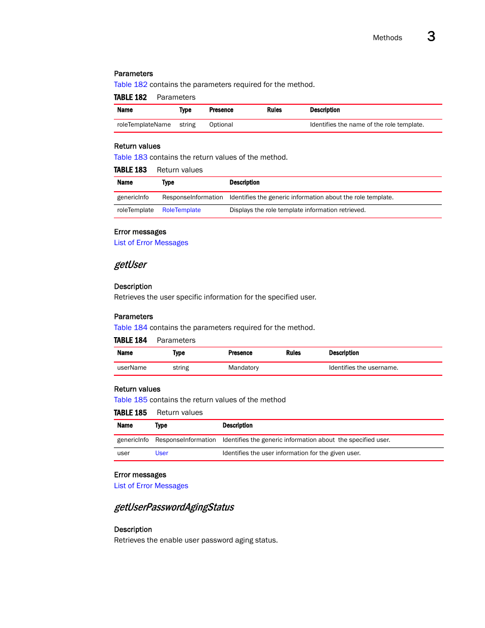 Getuser, Getuserpasswordagingstatus | Brocade Virtual ADX XML API Programmer’s Guide (Supporting ADX v03.1.00) User Manual | Page 83 / 878