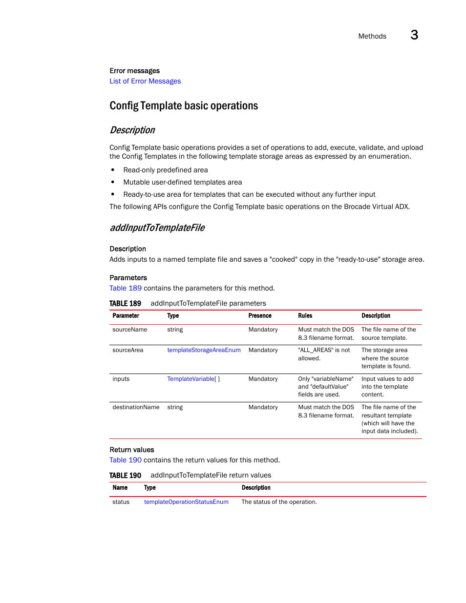 Config template basic operations, Description, Addinputtotemplatefile | Brocade Virtual ADX XML API Programmer’s Guide (Supporting ADX v03.1.00) User Manual | Page 85 / 878