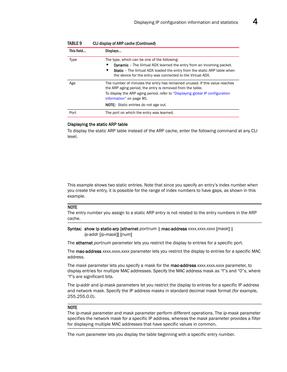 Displaying the static arp table | Brocade Virtual ADX Switch and Router Guide (Supporting ADX v03.1.00) User Manual | Page 105 / 374