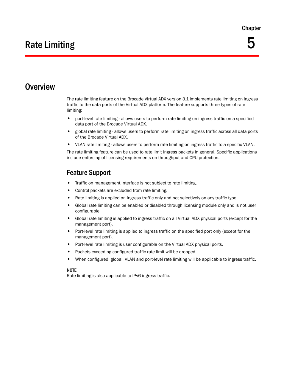 Rate limiting, Overview, Feature support | Chapter 5 | Brocade Virtual ADX Switch and Router Guide (Supporting ADX v03.1.00) User Manual | Page 111 / 374