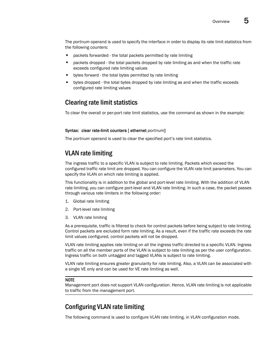 Clearing rate limit statistics, Vlan rate limiting, Configuring vlan rate limiting | Brocade Virtual ADX Switch and Router Guide (Supporting ADX v03.1.00) User Manual | Page 113 / 374