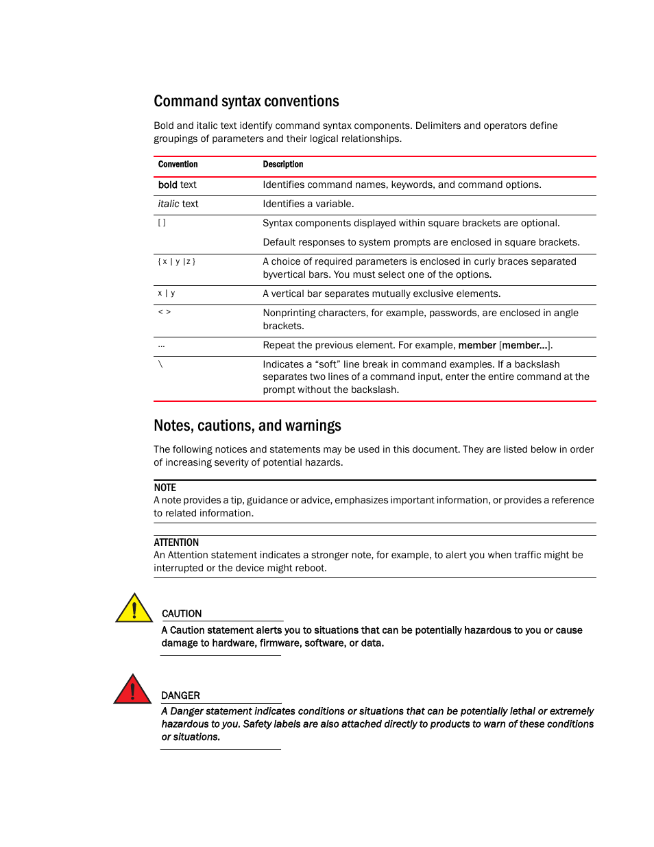 Command syntax conventions, Notes, cautions, and warnings | Brocade Virtual ADX Switch and Router Guide (Supporting ADX v03.1.00) User Manual | Page 12 / 374