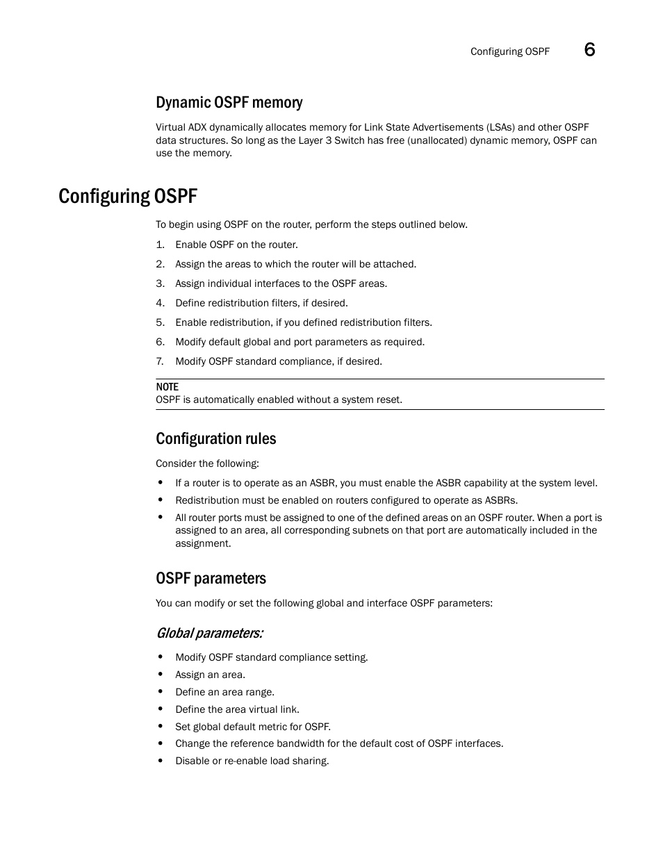 Dynamic ospf memory, Configuring ospf, Configuration rules | Ospf parameters, Global parameters | Brocade Virtual ADX Switch and Router Guide (Supporting ADX v03.1.00) User Manual | Page 121 / 374