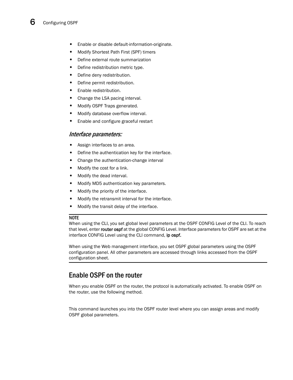 Enable ospf on the router, Interface parameters | Brocade Virtual ADX Switch and Router Guide (Supporting ADX v03.1.00) User Manual | Page 122 / 374
