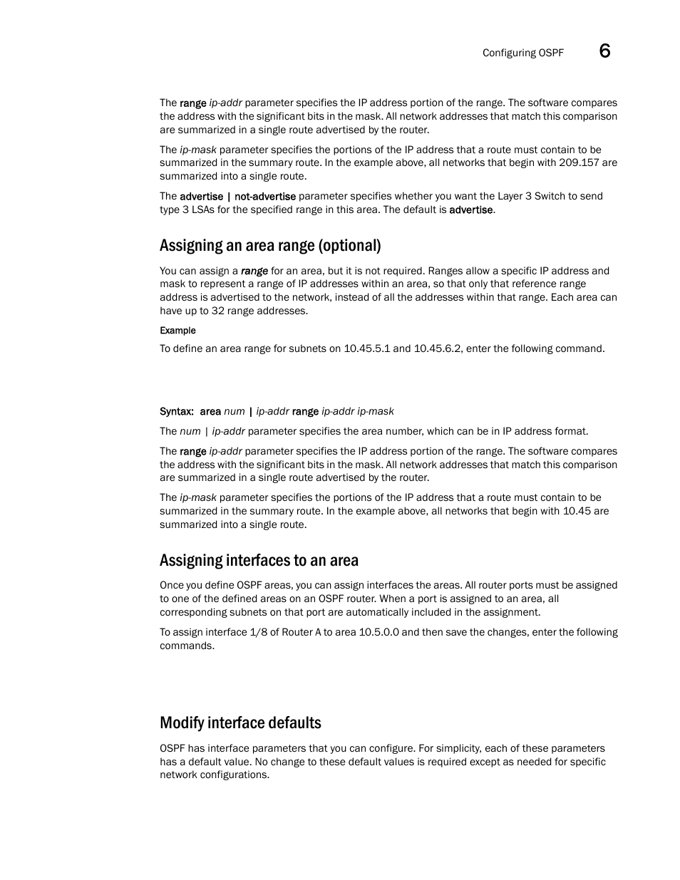 Assigning an area range (optional), Assigning interfaces to an area, Modify interface defaults | Brocade Virtual ADX Switch and Router Guide (Supporting ADX v03.1.00) User Manual | Page 127 / 374
