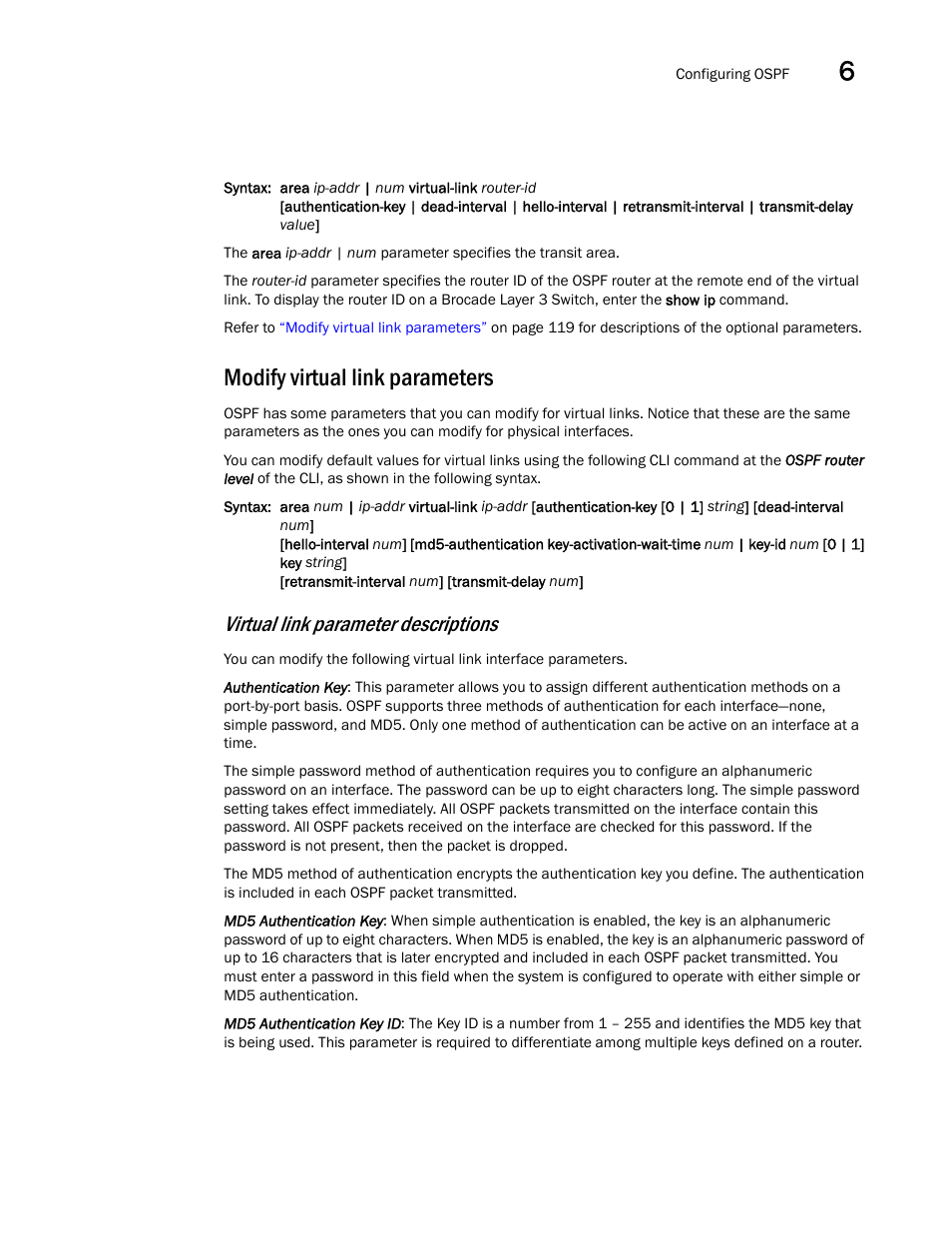 Modify virtual link parameters, Virtual link parameter descriptions | Brocade Virtual ADX Switch and Router Guide (Supporting ADX v03.1.00) User Manual | Page 133 / 374