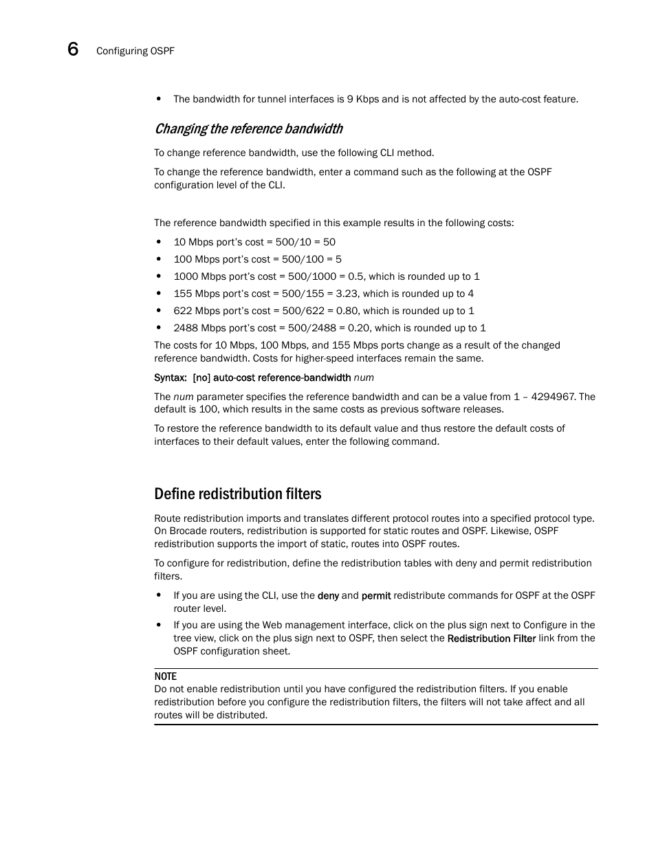 Define redistribution filters, Changing the reference bandwidth | Brocade Virtual ADX Switch and Router Guide (Supporting ADX v03.1.00) User Manual | Page 136 / 374