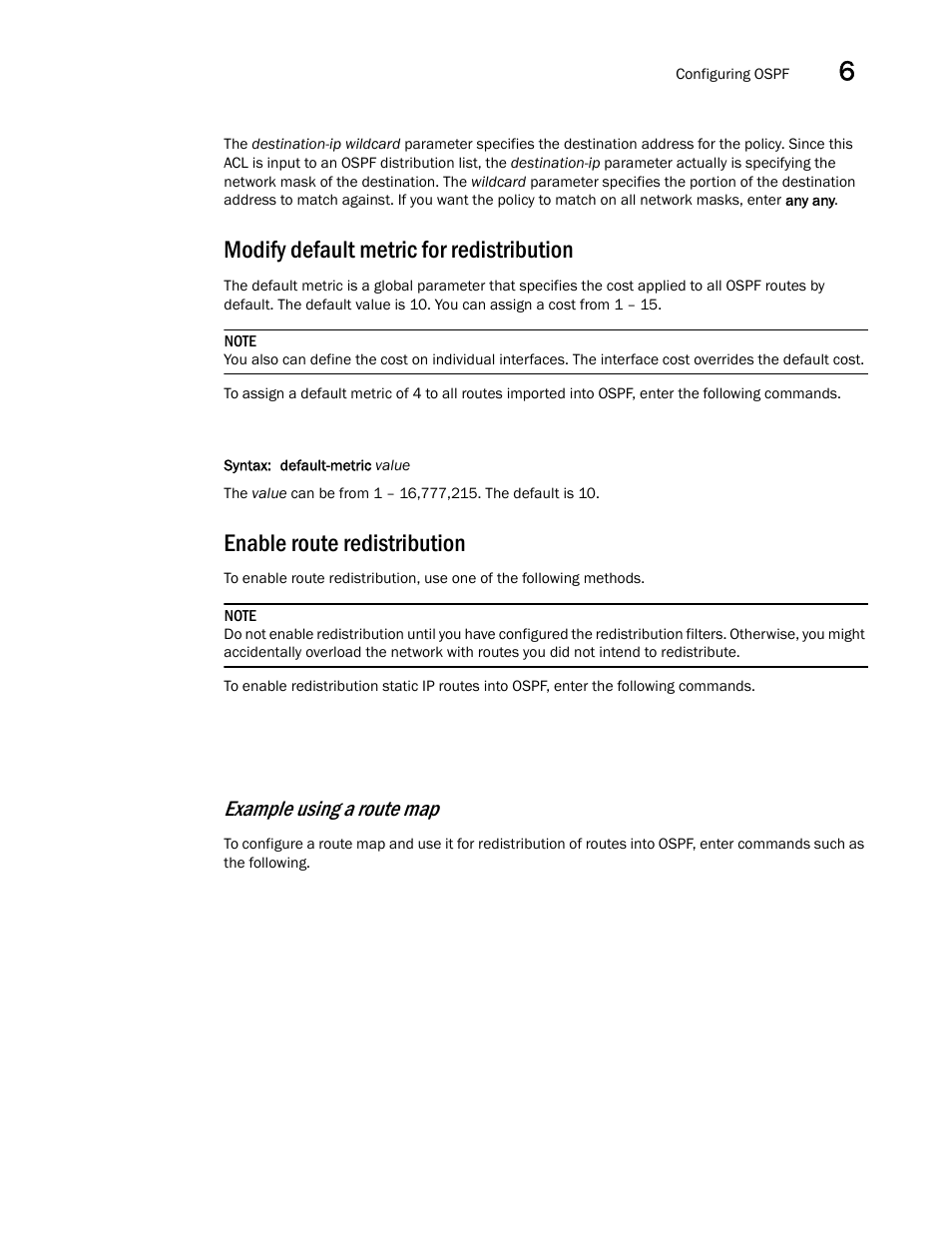 Modify default metric for redistribution, Enable route redistribution, Enable | Route redistribution, Example using a route map | Brocade Virtual ADX Switch and Router Guide (Supporting ADX v03.1.00) User Manual | Page 141 / 374